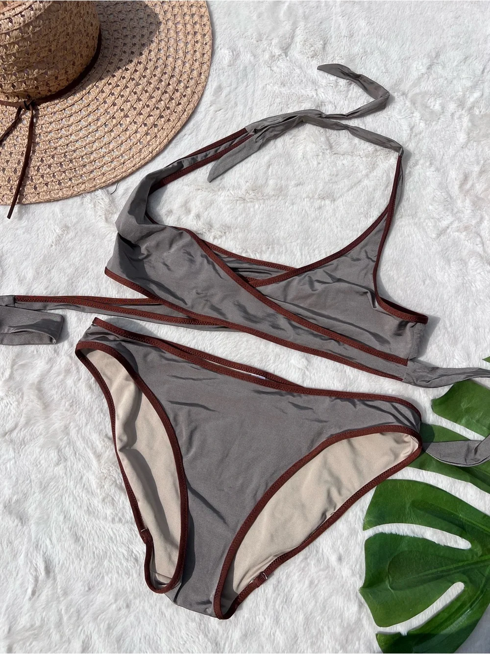 Victoria’s Secret Wrap Bikini Set Gray  Contrast Trim Y2K Halter Size Small